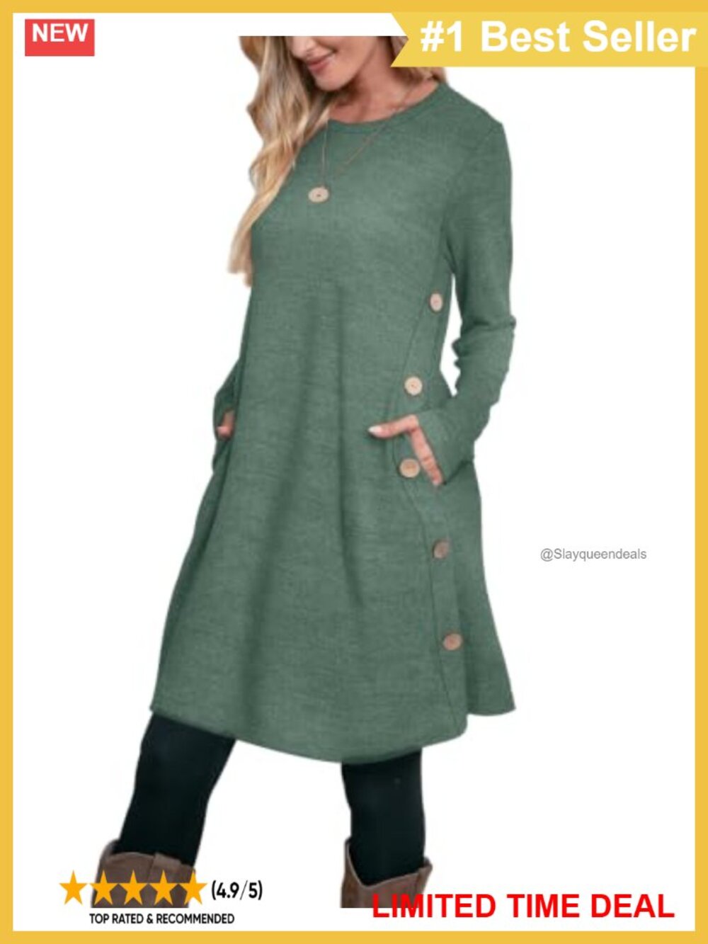 OFEEFAN Women's Long Sleeve Tunic Dress with Pockets and Buttons